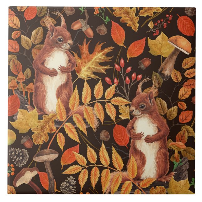 Eichhörnchen und Flora in dunkelbraun Fliese (Vorderseite)