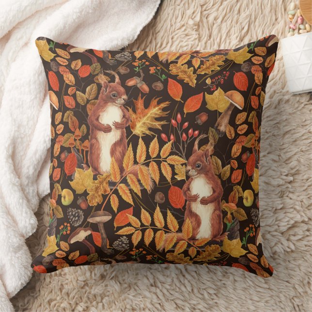Eichhörnchen und Flora in dunkelbraun Kissen (Decke)