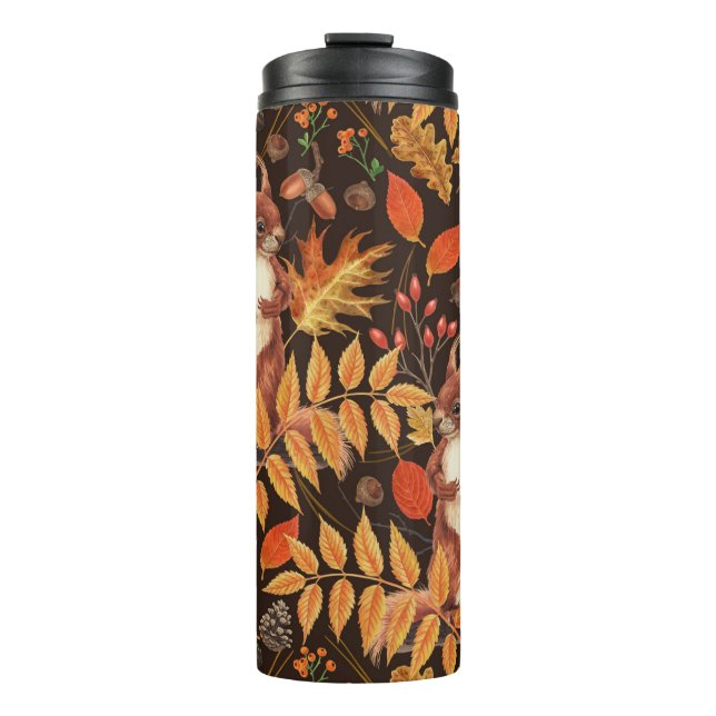 Eichhörnchen und Flora in dunkelbraun Thermosbecher (Vorderseite)