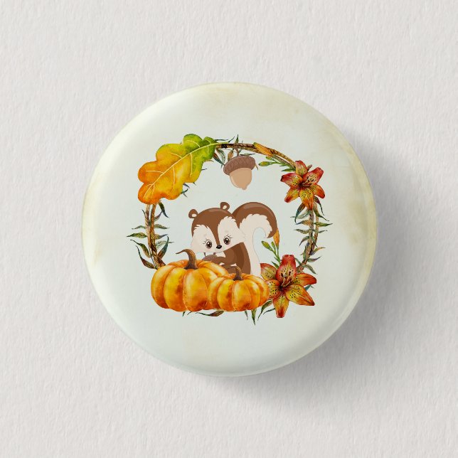 Eichhörnchen und Pumpkins Rustikaler Kranz Button (Vorderseite)