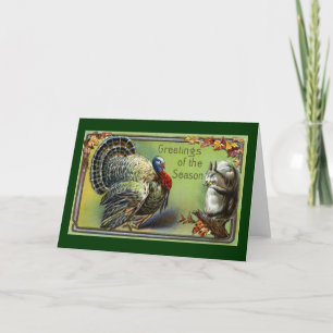 Eichhörnchen und Truthahn vintage Thanksgiving Feiertagskarte