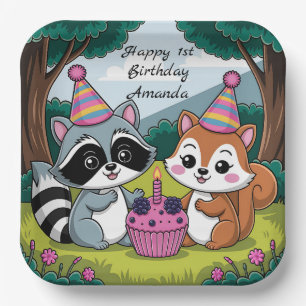 Eichhörnchen und Waschbär süßer Geburtstag Pappteller