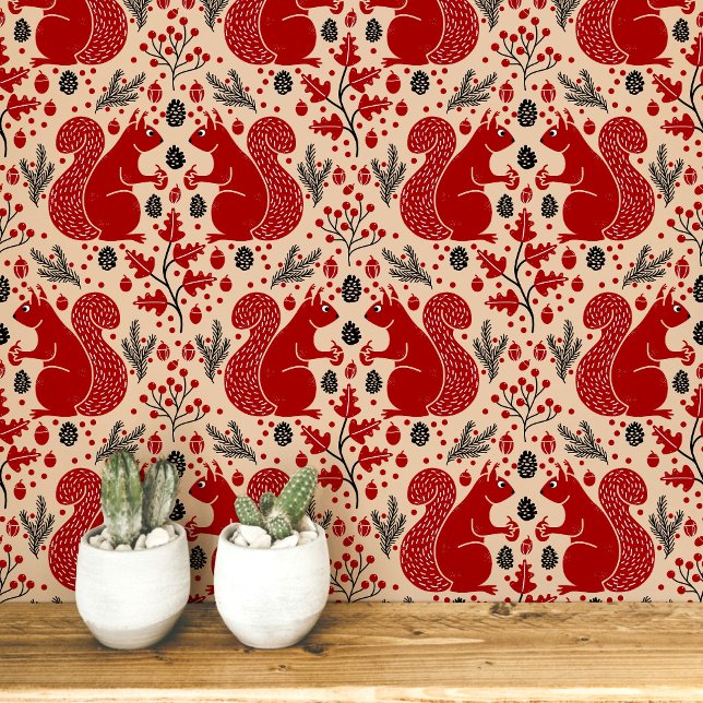 Eichhörnchen Wald Waldmuster Tapete (Modern squirrel woodland forest pattern peel and stick wallpaper)