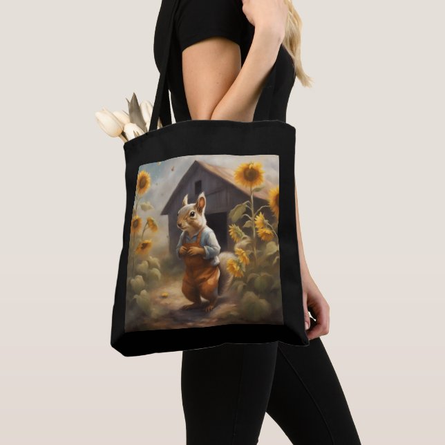Eichhörnchenbauer vor Scheune Sonnenblumen Tasche (Von Nahem)