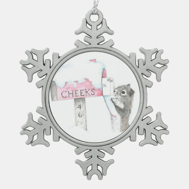 Eichhörnchenbuchstabe Schneeflocken Zinn-Ornament (Vorderseite)