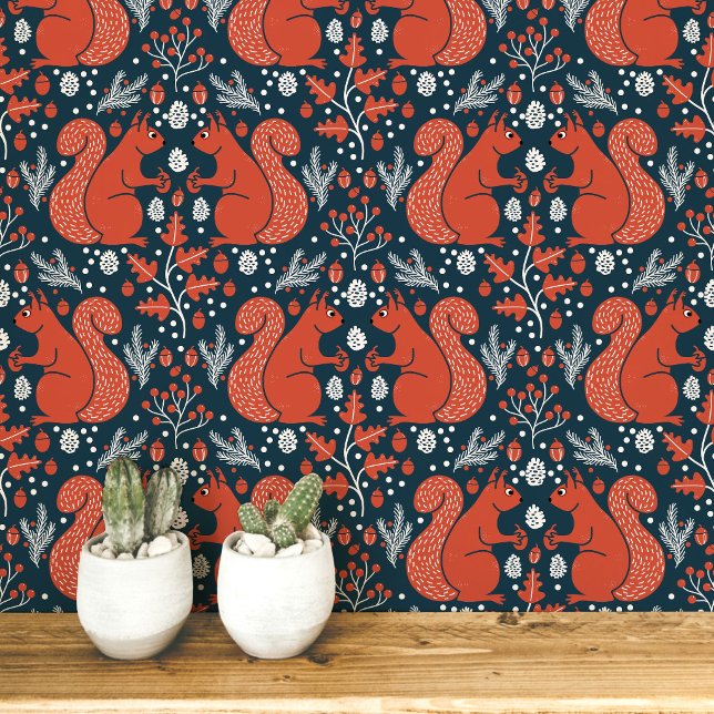 Eichhörnchenwald Waldmuster Tapete (Modern Squirrel woodland forest folk art peel and stick wallpaper)