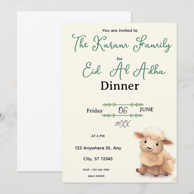 Eid  Al Adha Beige Cute Sheep Party Einladung (Vorne/Hinten)