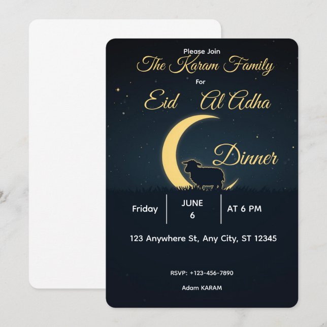 Eid  Al Adha Mubarak  Elegant Dinner  Einladung (Vorne/Hinten)