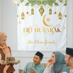 Eid Mubarak Benutzerdefinierte Gold Weiße Laternen Wandteppich