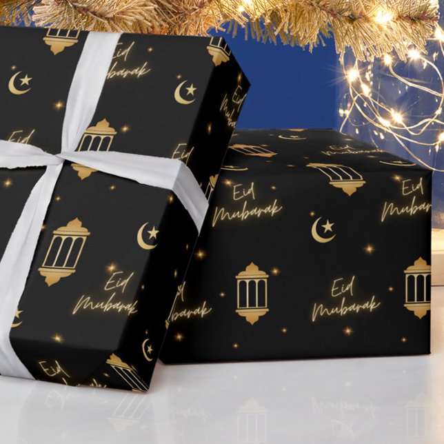 Eid Mubarak Black + Gold Elegante Lanterns + Mond Geschenkpapier (Elegant, modern "Eid Mubarak" black + gold wrapping paper, for your Eid gifting!)