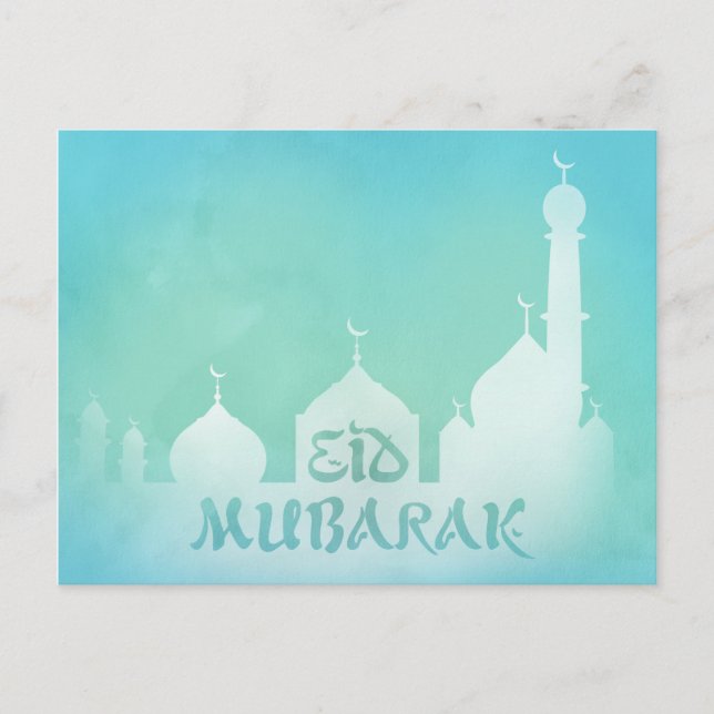 Eid Mubarak Blue Watercolor Moschee - Postkarte (Vorderseite)