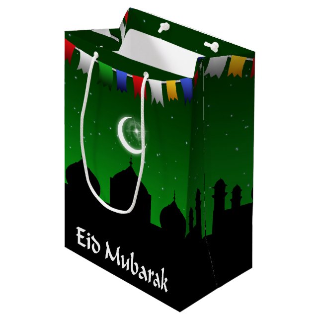 Eid Mubarak bunte Girlande Mittlere Geschenktüte (Vorderseite Schrägansicht)