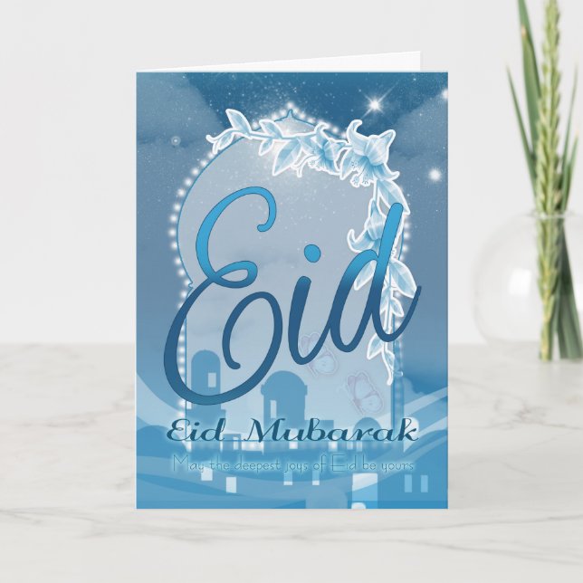 Eid Mubarak, carte de voeux d'Eid, carte de bleu (Devant)