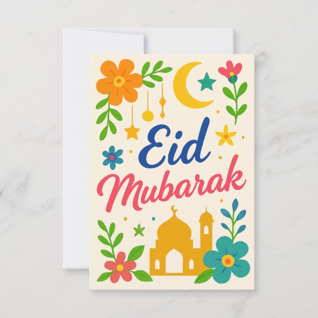 Eid Mubarak - Colorful for Kids Mosque Flowers Einladung (Vorderseite)