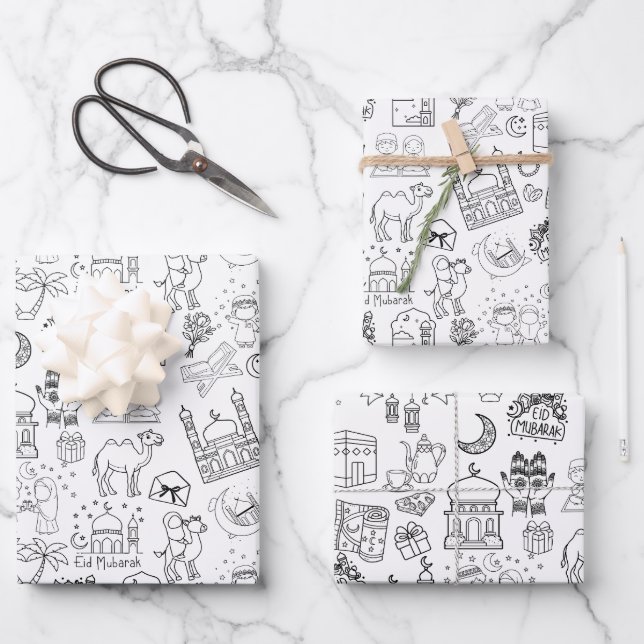 Eid Mubarak Colouring Wrapping Paper Sheets Set x3 Geschenkpapier Set (Vorderseite)