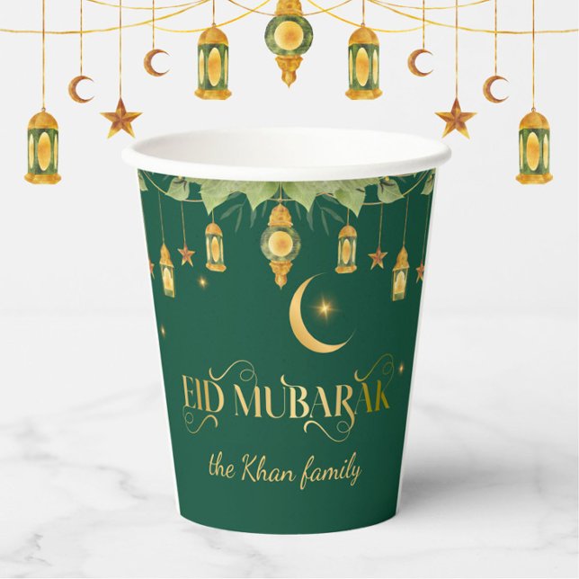 "Eid Mubarak" Custom Elegant Modernes Green Gold Pappbecher (Elegant, modern "Eid Mubarak" paper cups for your Eid party. Personalize with a family name or date.)