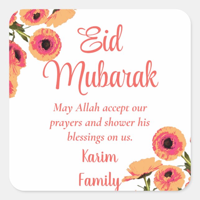 Eid Mubarak Custom Islam Wohngestaltung Floral Dua Quadratischer Aufkleber (Vorderseite)
