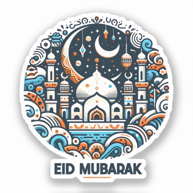 Eid Mubarak Dekoriert Crescent farbenfrohe Moschee Aufkleber (Vorderseite)