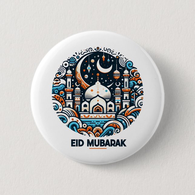 Eid Mubarak Dekoriert Crescent farbenfrohe Moschee Button (Vorderseite)