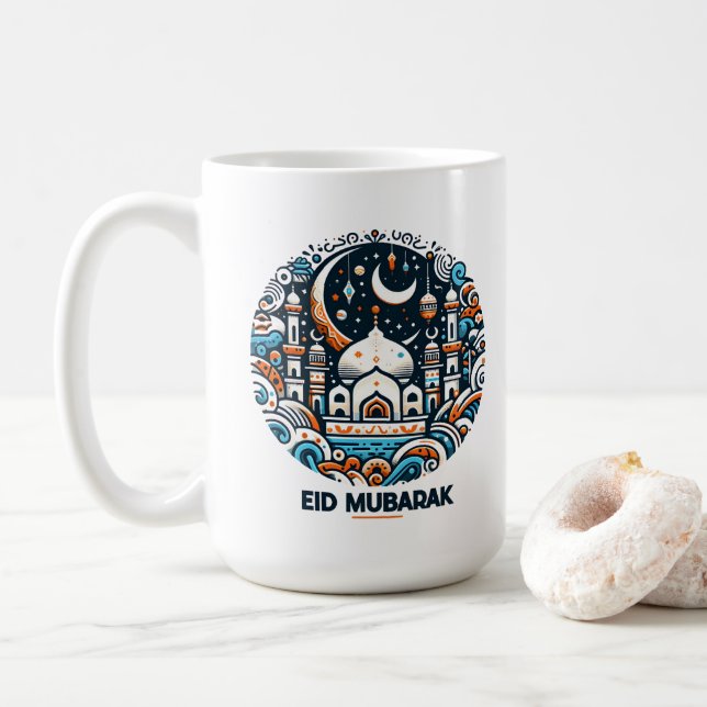 Eid Mubarak Dekoriert Crescent farbenfrohe Moschee Kaffeetasse (Mit Donut)