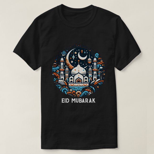 Eid Mubarak Dekoriert Crescent farbenfrohe Moschee T-Shirt (Design vorne)
