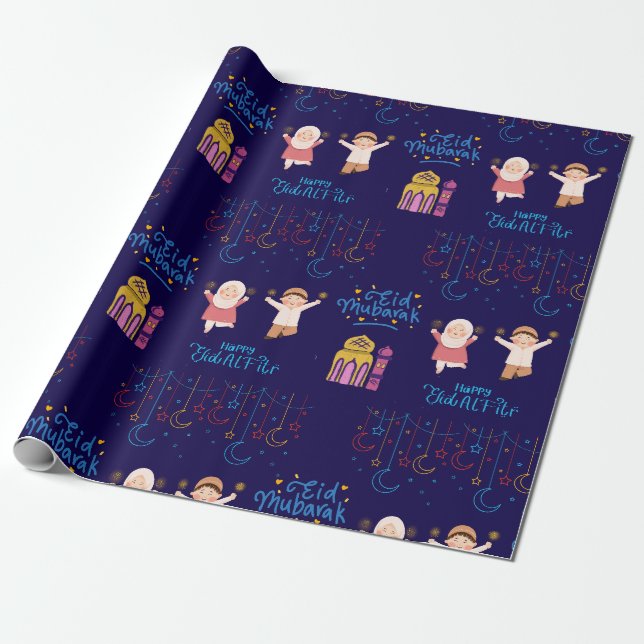 Eid Mubarak dunkelblau für Kinder Geschenkpapier (Ungerollt)