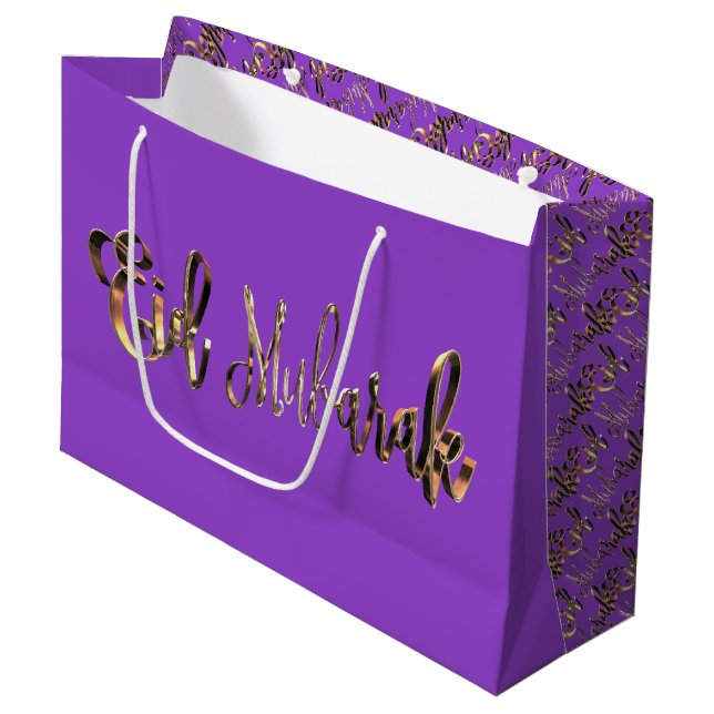 Eid Mubarak elegantes Goldlila Typografie Große Geschenktüte (Vorderseite Schrägansicht)