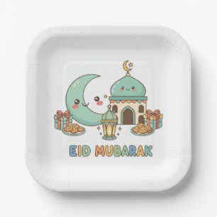 Eid Mubarak Feier - Kawaii lächelnder Mond Pappteller