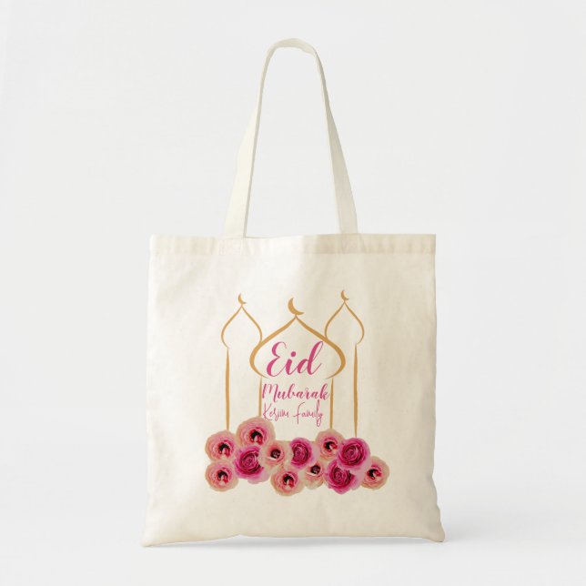 Eid Mubarak Golden Moschee Rose Blossom Lila Tragetasche (Vorne)