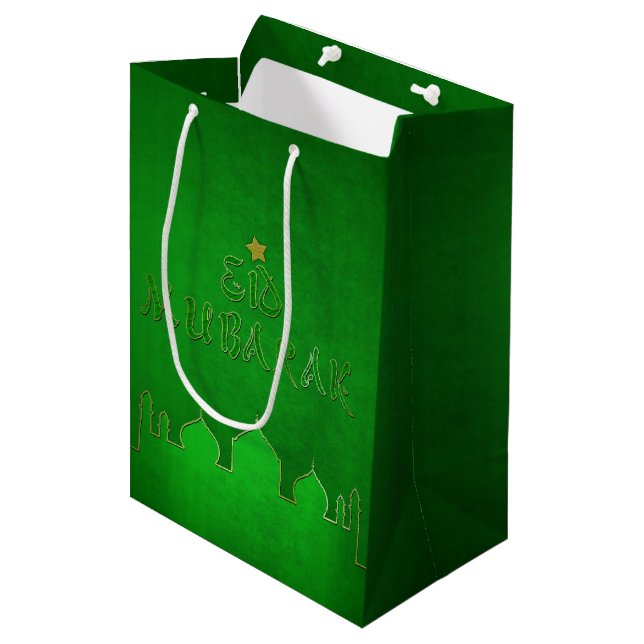 Eid Mubarak Green Gold Moschee Mittlere Geschenktüte (Vorderseite Schrägansicht)