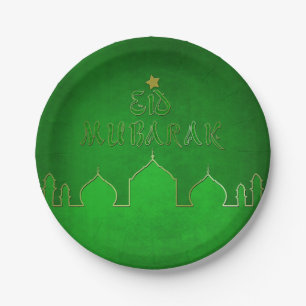 Eid Mubarak Green Gold Moschee Pappteller