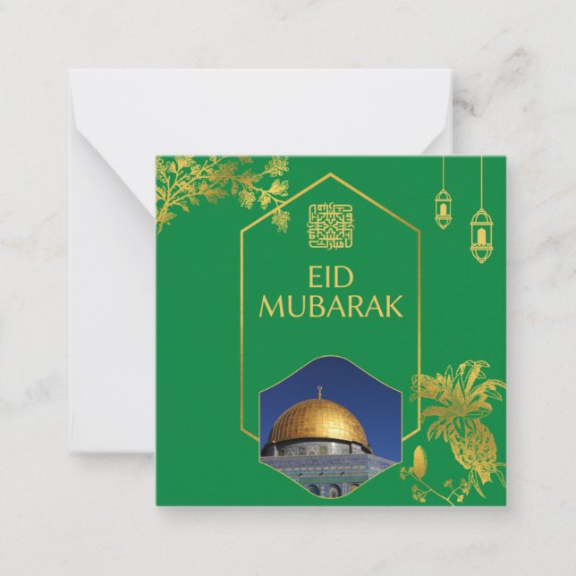 Eid Mubarak Grün und Gold mit goldenem Text Mitteilungskarte (Vorderseite)