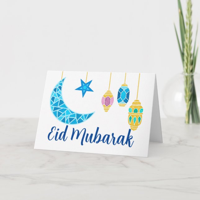 Eid Mubarak Grüße mit Fanoos und Mond Karte (Vorderseite)