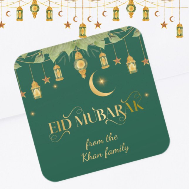 Eid Mubarak Individuelle Name Elegante Modernes Gr Quadratischer Aufkleber (Elegant, modern "Eid Mubarak" stickers in green + gold. Personalize with a family name.)