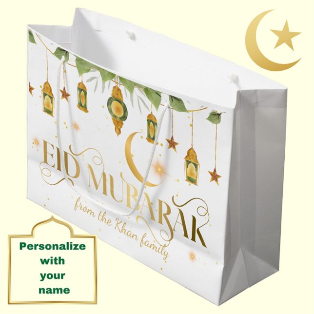 Eid Mubarak Individuelle Name Elegante White Gold  Große Geschenktüte (Personalize this modern, elegant white + gold "Eid Mubarak" gift bag for a special touch.)