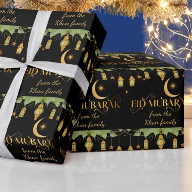 Eid Mubarak Individuelle Name Gold Schwarze Lanter Geschenkpapier (Elegant, modern "Eid Mubarak" black + gold wrapping paper. Customize with your family name!)