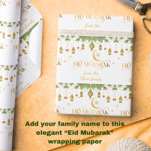 Eid Mubarak Individuelle Name Gold Weiße Laternen  Geschenkpapier (Personalize this elegant white + gold "Eid Mubarak" wrapping paper with your family name!)