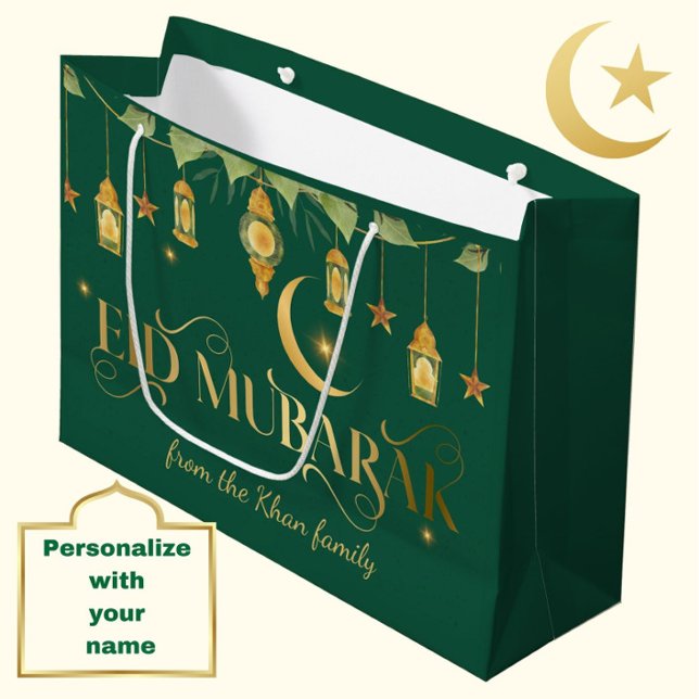 Eid Mubarak Individuelle Name Große Geschenktüte (Personalize this modern, elegant emerald green + gold "Eid Mubarak" gift bag for a special touch.)