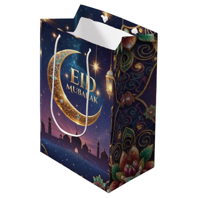 Eid Mubarak Islamic celebration Gold And navy Mittlere Geschenktüte (Vorderseite Schrägansicht)