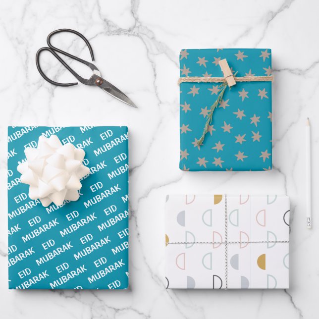 Eid Mubarak Kids Blue Moon Star Zitat Geschenkpapier Set (Vorderseite)