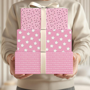 Eid Mubarak Kids Pink Gray Star Dots Muster Zitat Geschenkpapier Set