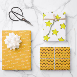 Eid Mubarak Kids Yellow Star Wavy Muster Zitat Geschenkpapier Set