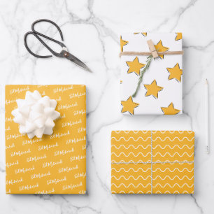 Eid Mubarak Kids Yellow Star Wavy Muster Zitat Geschenkpapier Set