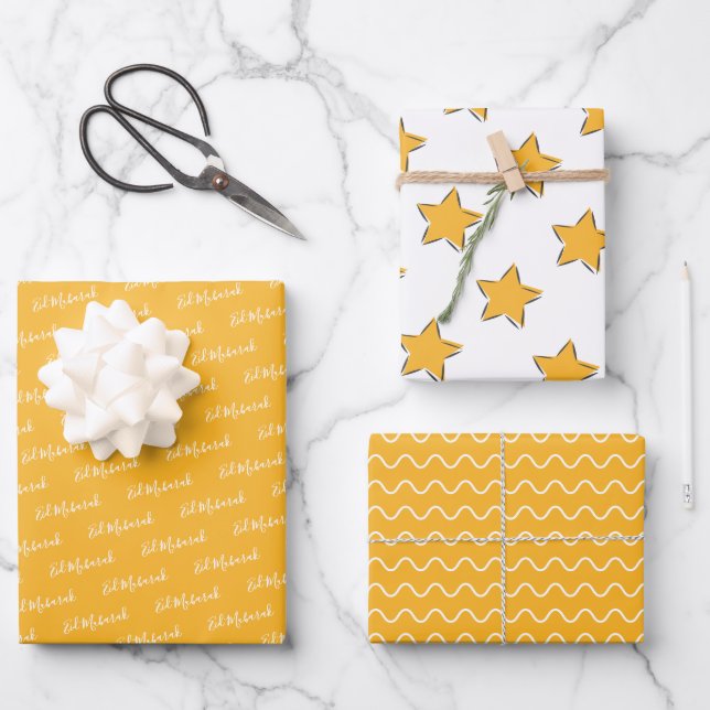 Eid Mubarak Kids Yellow Star Wavy Muster Zitat Geschenkpapier Set (Vorderseite)
