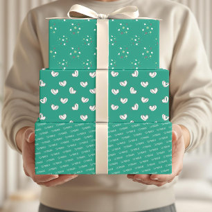 Eid Mubarak Kinder grüne Stern-Herzen-Muster-Zitat Geschenkpapier Set