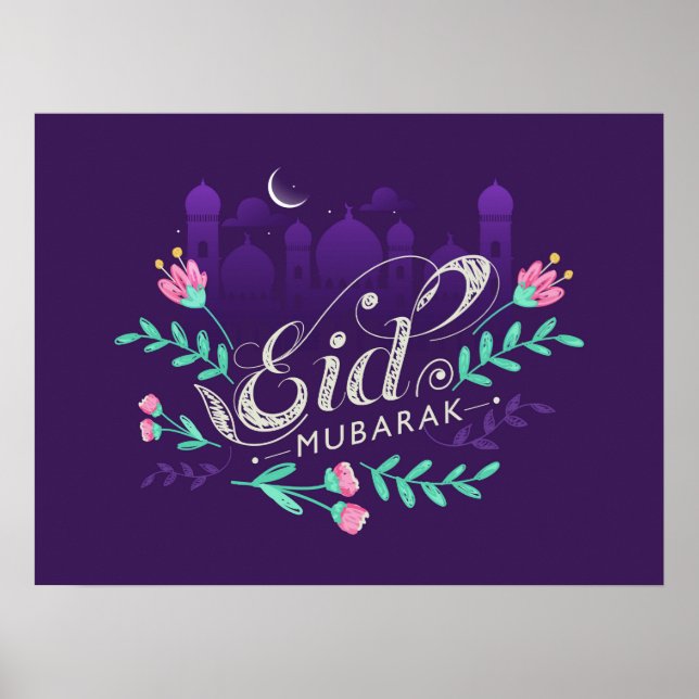 Eid Mubarak mit Blume Moscheen und Mond Poster (Vorne)