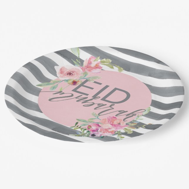 Eid Mubarak Pink & Grau Floral Pappteller (Schrägansicht)