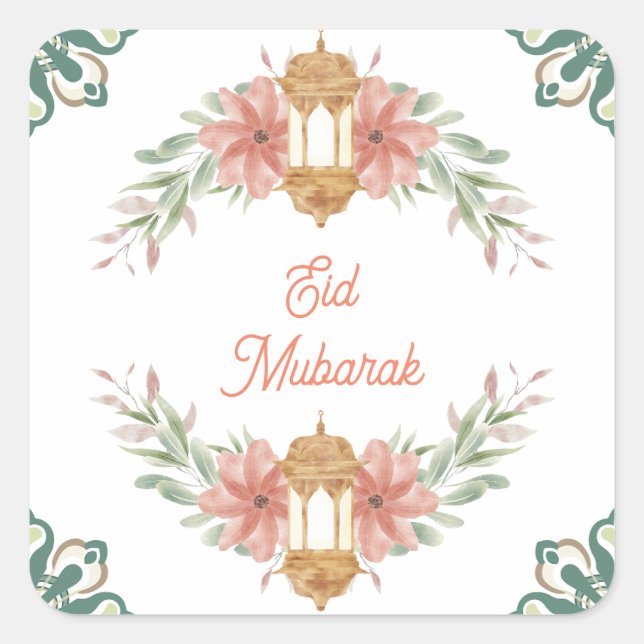 Eid Mubarak |Ramadan Mubarak Blume Wreath Lamp Quadratischer Aufkleber (Vorderseite)