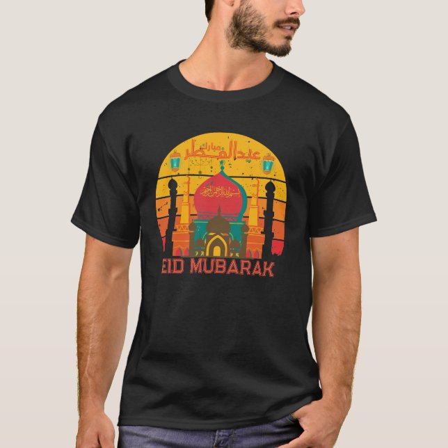 Eid Mubarak Retro Sunset Moschee Typografie T-Shirt (Vorderseite)
