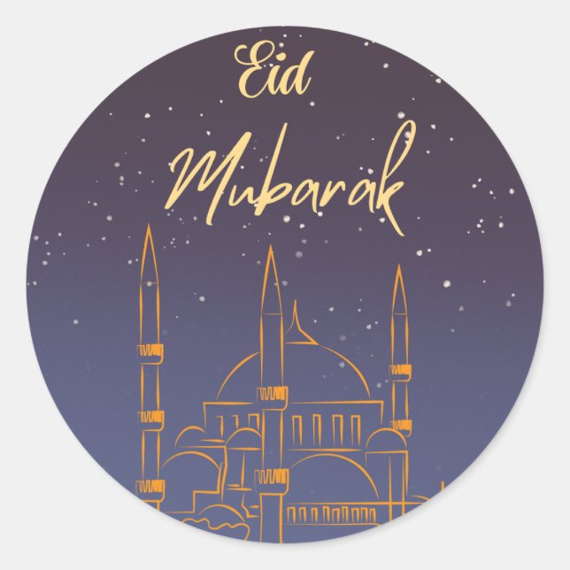 Eid Mubarak Starry Sky Gold Moschee Runder Aufkleber (Vorderseite)